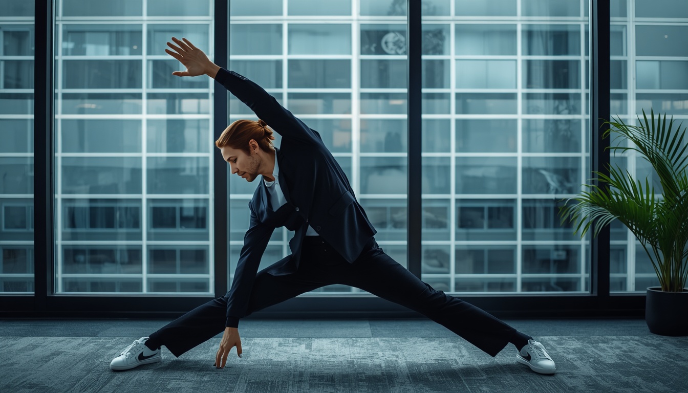 Office worker following a structured stretch routine beside their desk